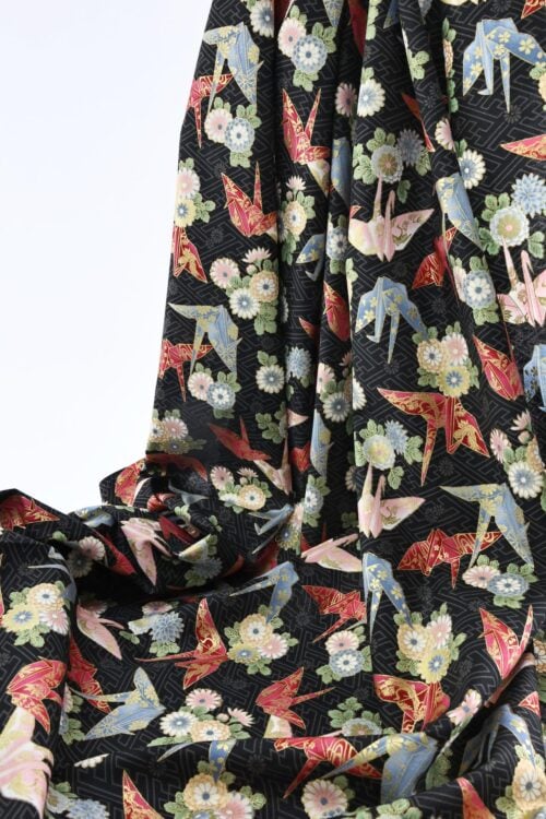 Japanese fabric origami cranes Sayagata black Background