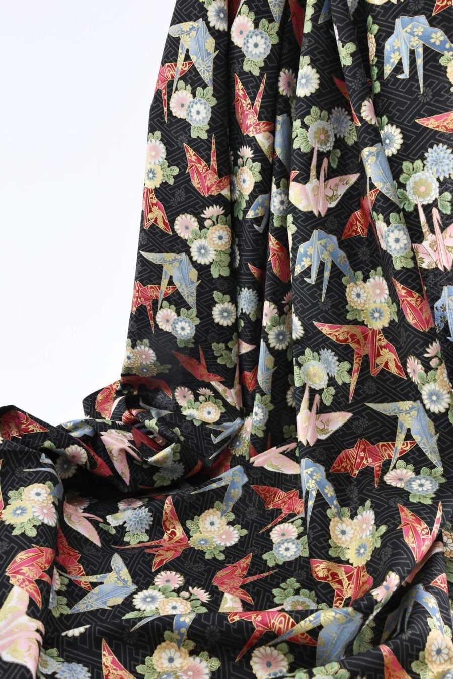 Japanese fabric origami cranes Sayagata black Background