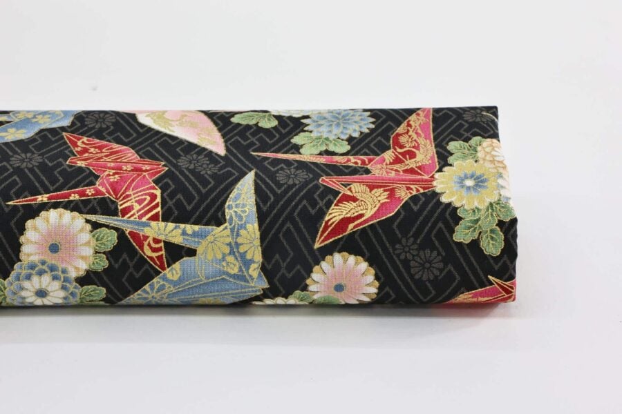 Japanese fabric origami cranes Sayagata black Background