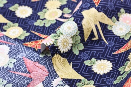 Japanese fabric origami cranes Sayagata blue Background