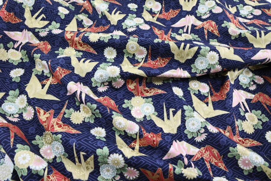 Japanese fabric origami cranes Sayagata blue Background