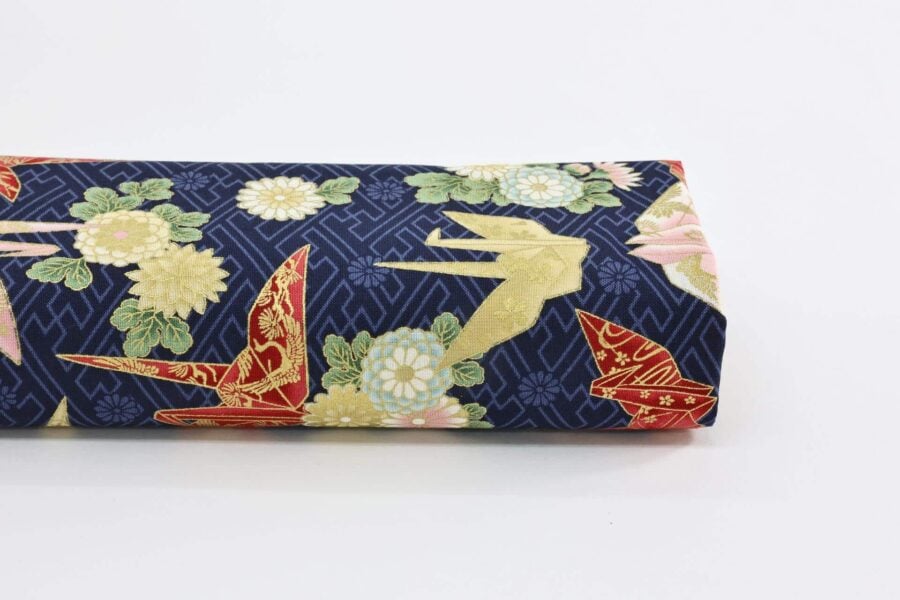 Japanese fabric origami cranes Sayagata blue Background