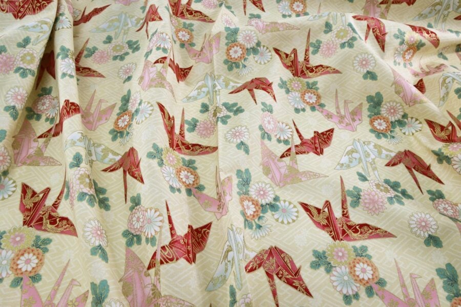 Japanese fabric origami cranes Sayagata ivory Background
