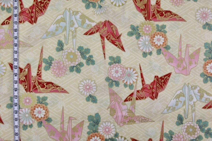 Japanese fabric origami cranes Sayagata ivory Background