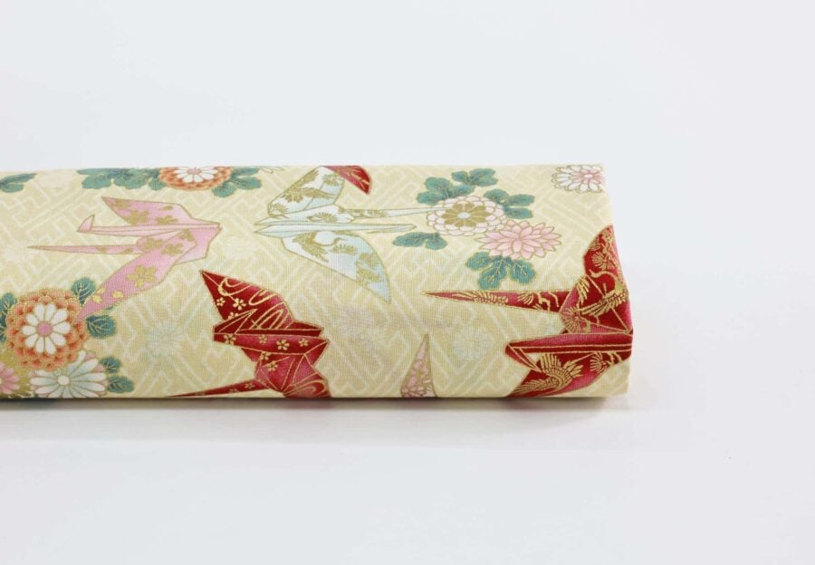 Japanese fabric origami cranes Sayagata ivory Background