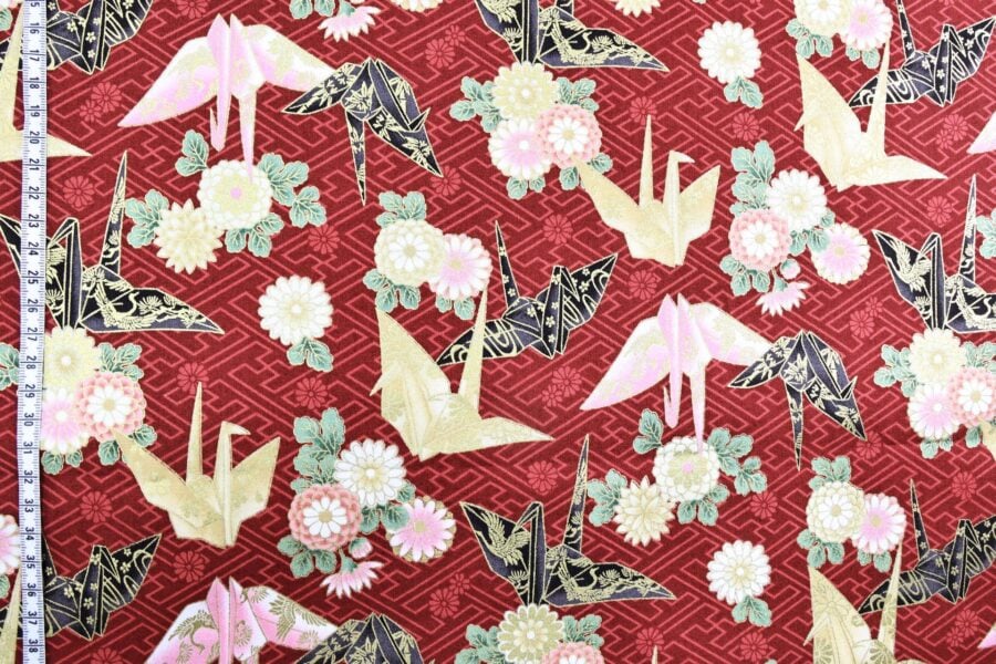 Japanese fabric origami cranes Sayagata red Background