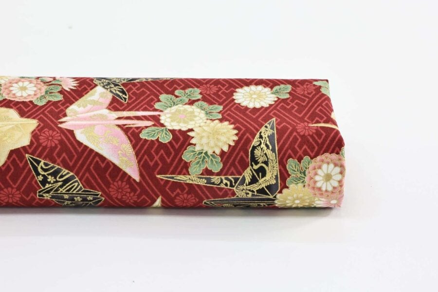 Japanese fabric origami cranes Sayagata red Background