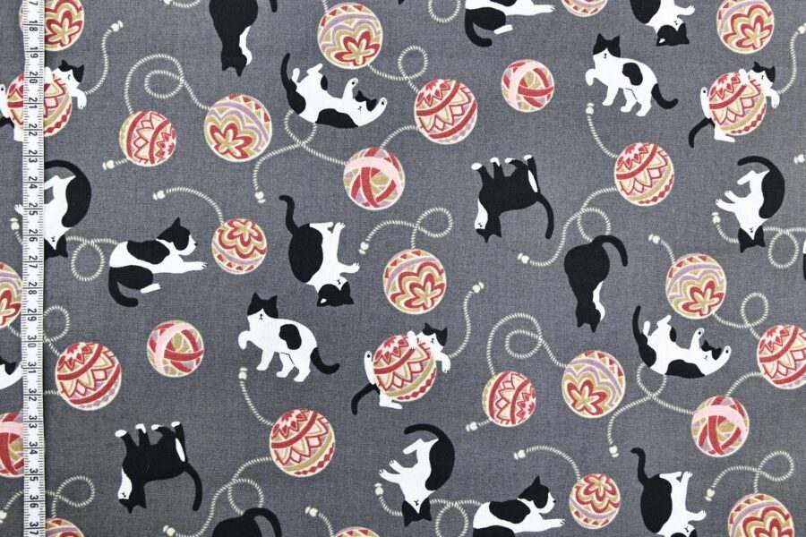 Kawaii Neko Temari fabric grey background