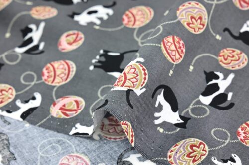 Kawaii Neko Temari fabric grey background