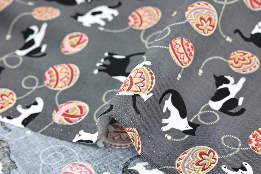 Kawaii Neko Temari fabric grey background
