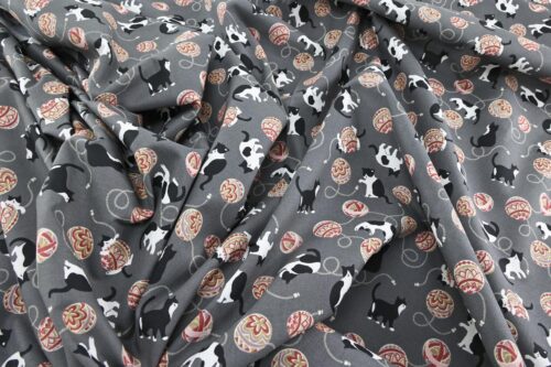 Kawaii Neko Temari fabric grey background