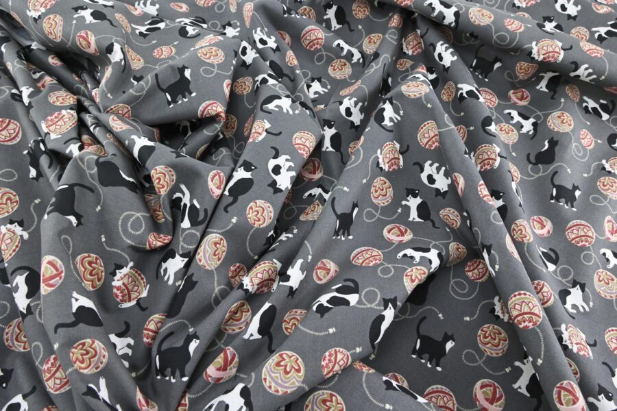 Kawaii Neko Temari fabric grey background