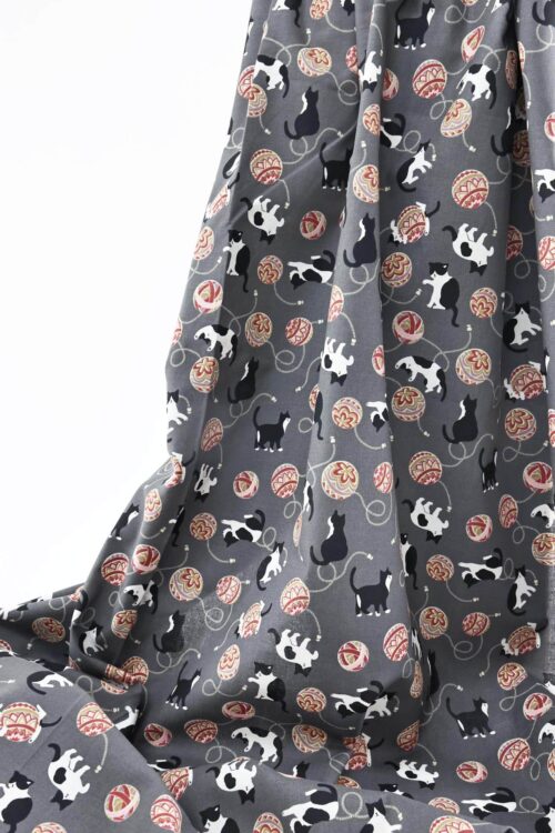 Kawaii Neko Temari fabric grey background