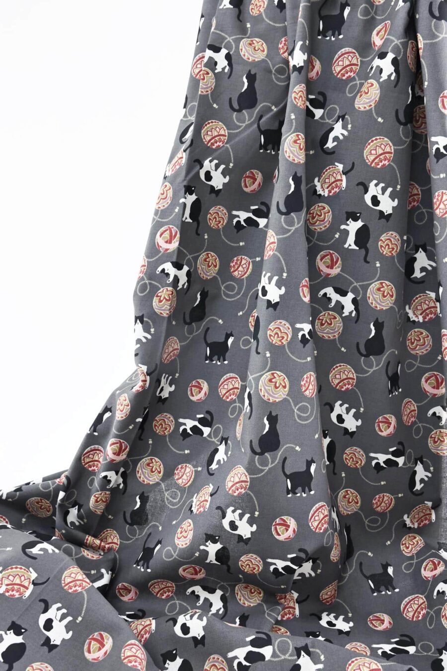 Kawaii Neko Temari fabric grey background