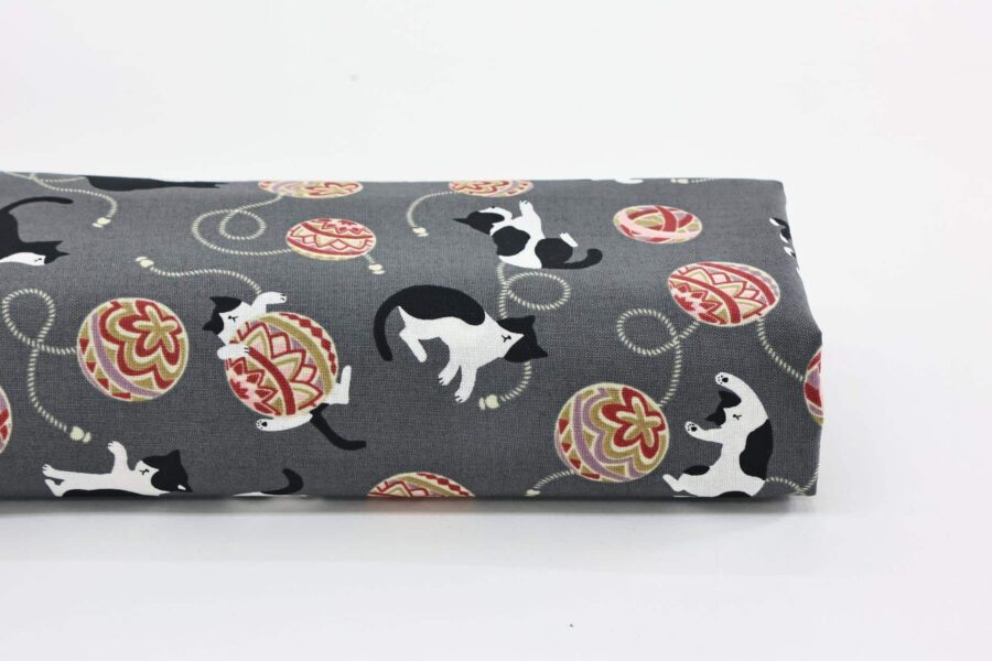Kawaii Neko Temari fabric grey background
