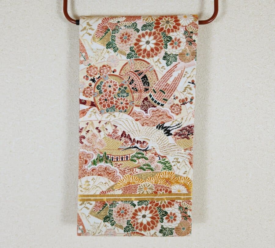 Maru Obi brocade crane temple and flowers