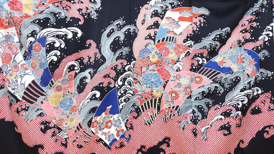 Black Chū-Furisode Okinawa style colorful waves