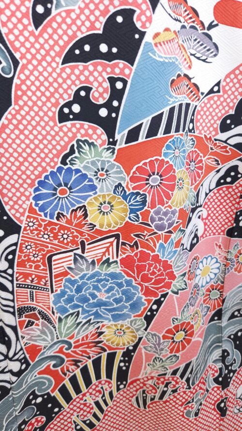 Black Chū-Furisode Okinawa style colorful waves