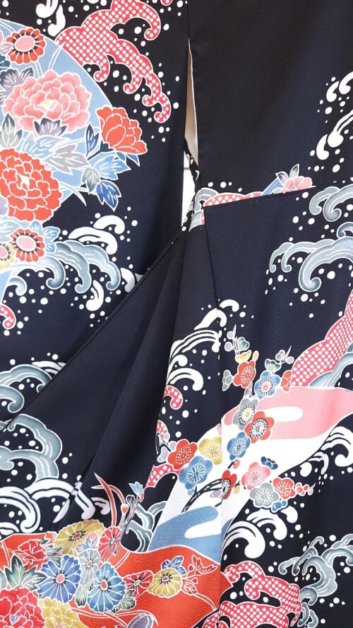 Black Chū-Furisode Okinawa style colorful waves