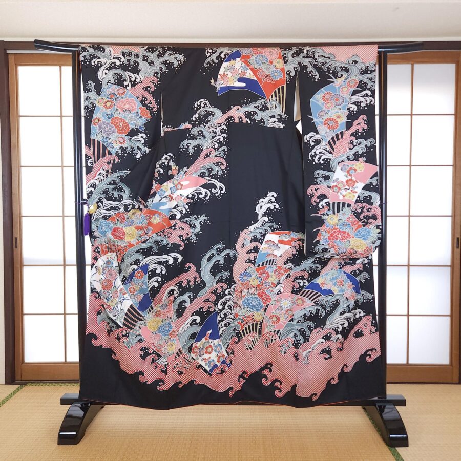 Black Chū-Furisode Okinawa style colorful waves