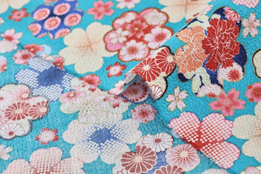 Japanese crinkled fabric Ume on blue