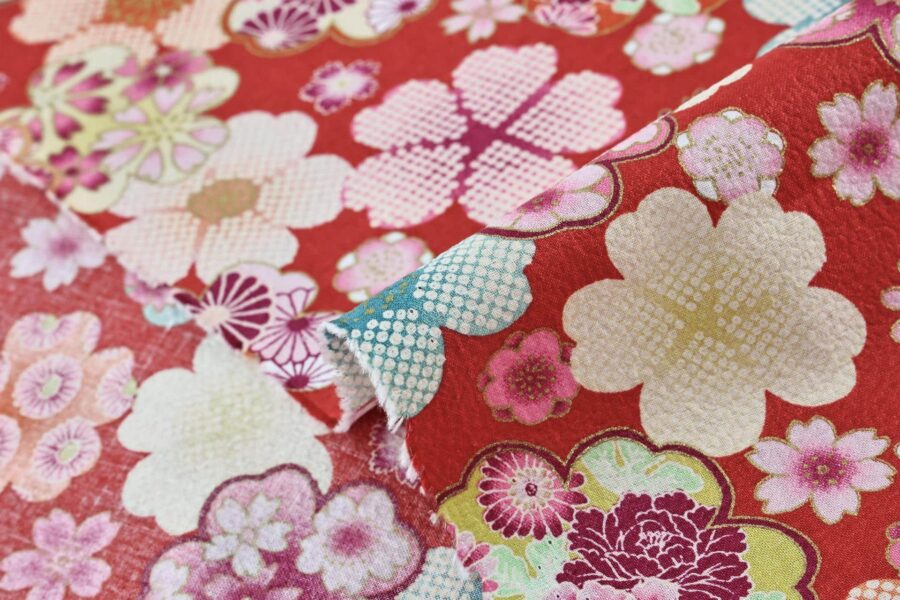 Japanese crinkled fabric Ume on red