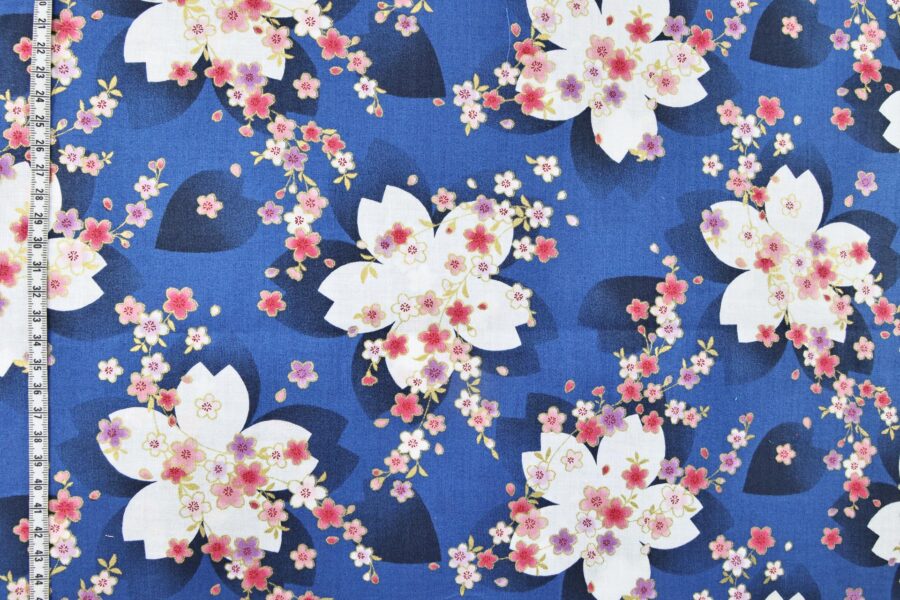 Japanese fabric white sakura pattern blue background