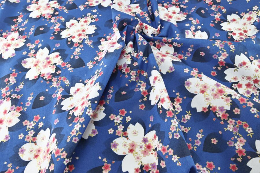 Japanese fabric white sakura pattern blue background