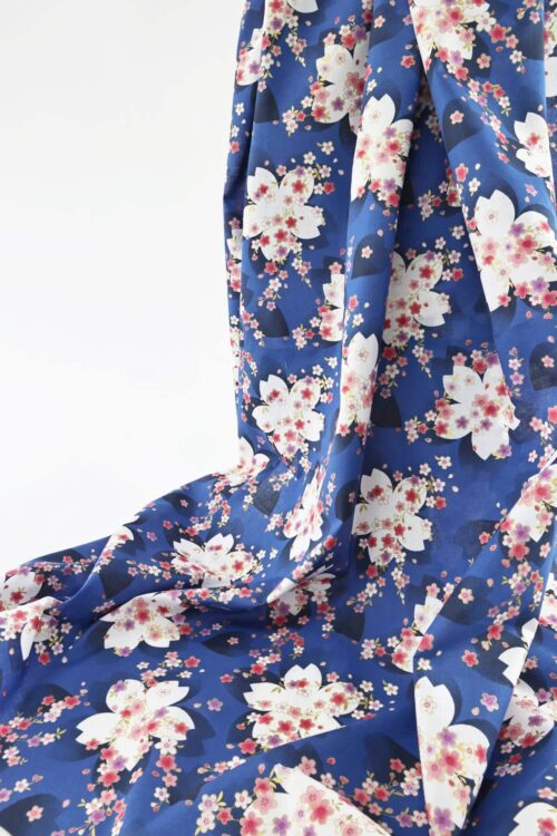 Japanese fabric white sakura pattern blue background