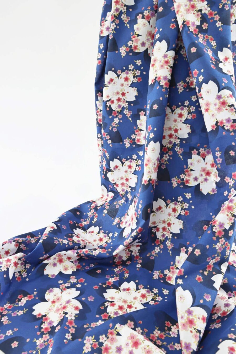 Japanese fabric white sakura pattern blue background