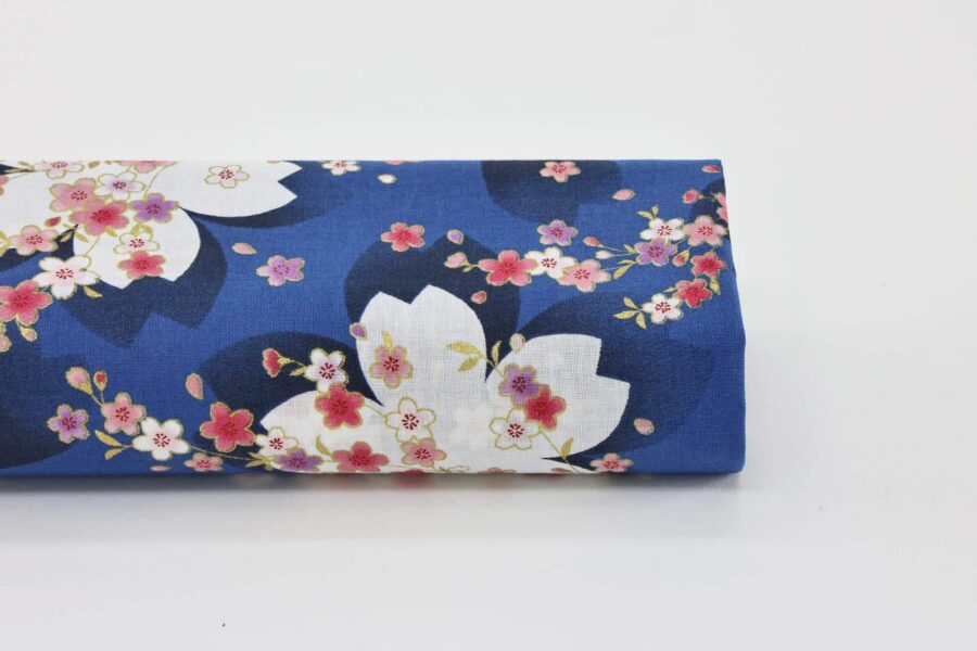 Japanese fabric white sakura pattern blue background