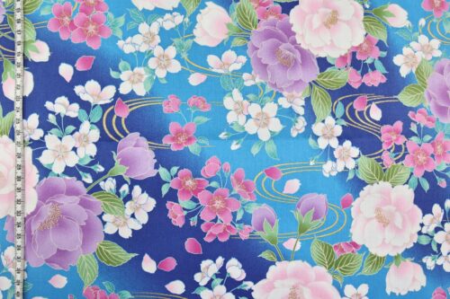 Japanese satin cotton fabric peony sakura on blue