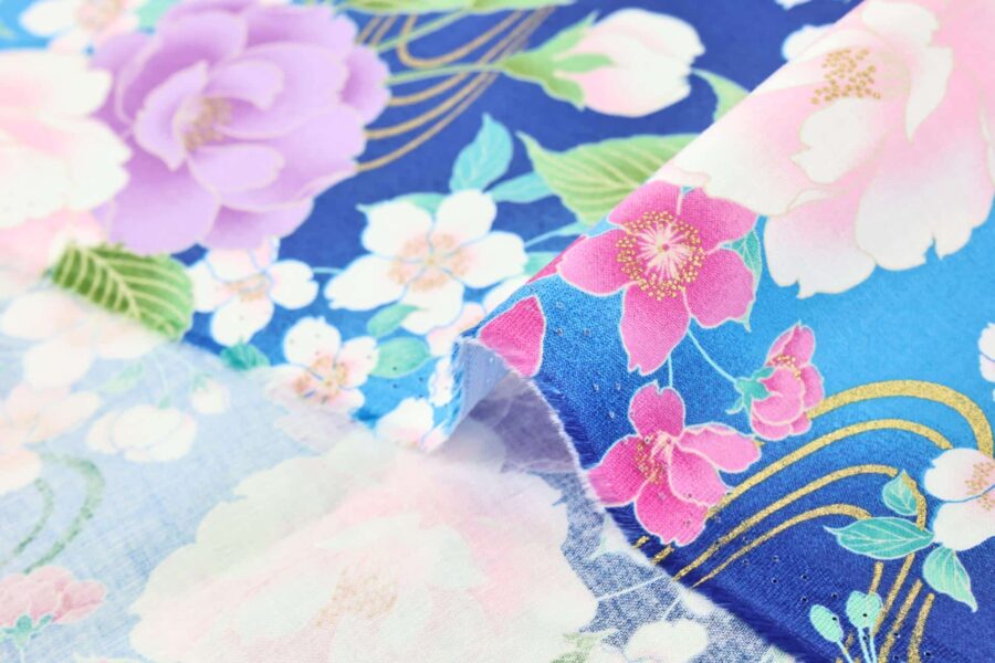 Japanese satin cotton fabric peony sakura on blue