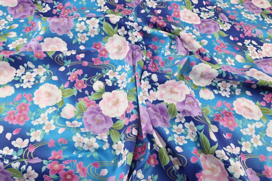 Japanese satin cotton fabric peony sakura on blue