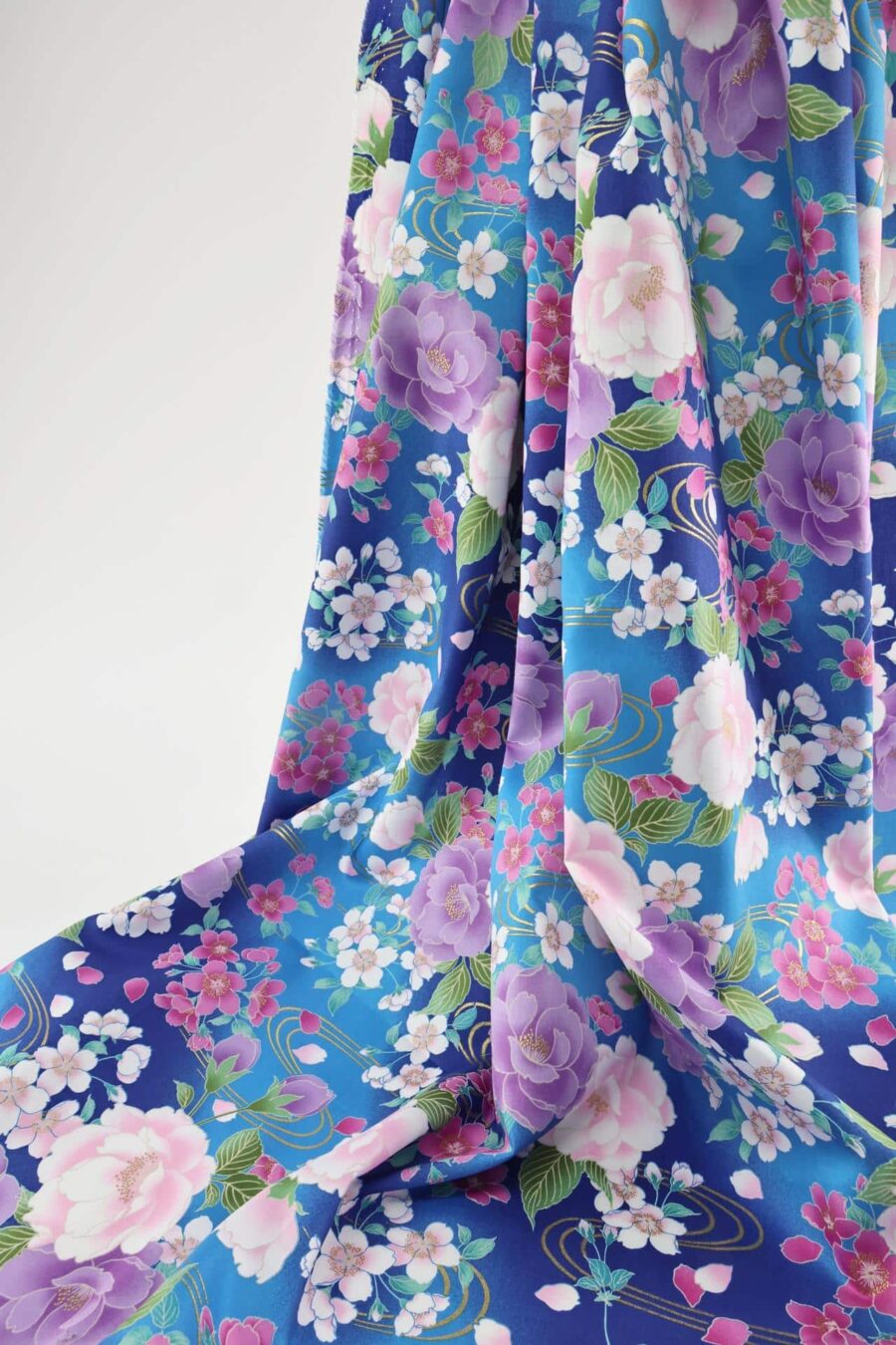 Japanese satin cotton fabric peony sakura on blue
