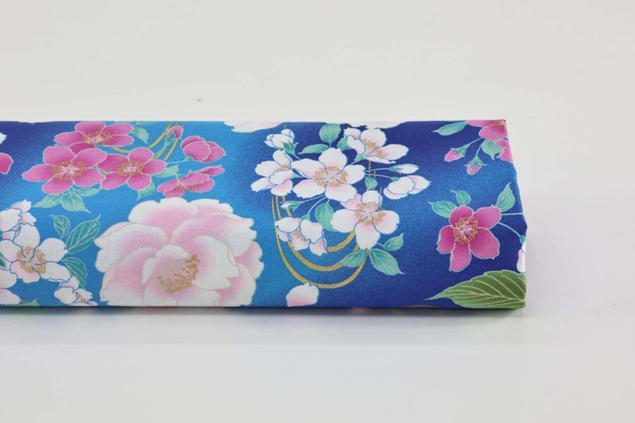 Japanese satin cotton fabric peony sakura on blue