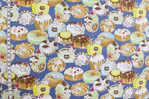 Oxford fabric cats pastries blue background