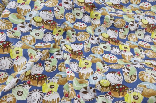 Oxford fabric cats pastries blue background