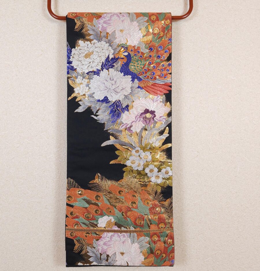 Black Fukuro Obi with peacock and peonies