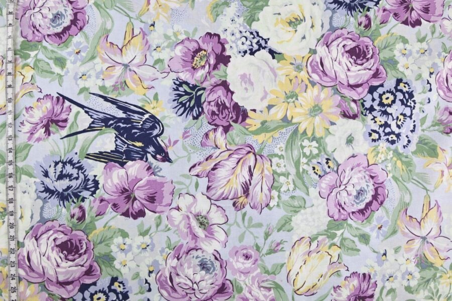 Japanese Quilt Gate Fabric – birds flowers on purple