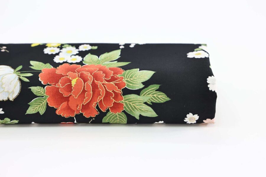 Japanese fabric bright flowers on black background 1