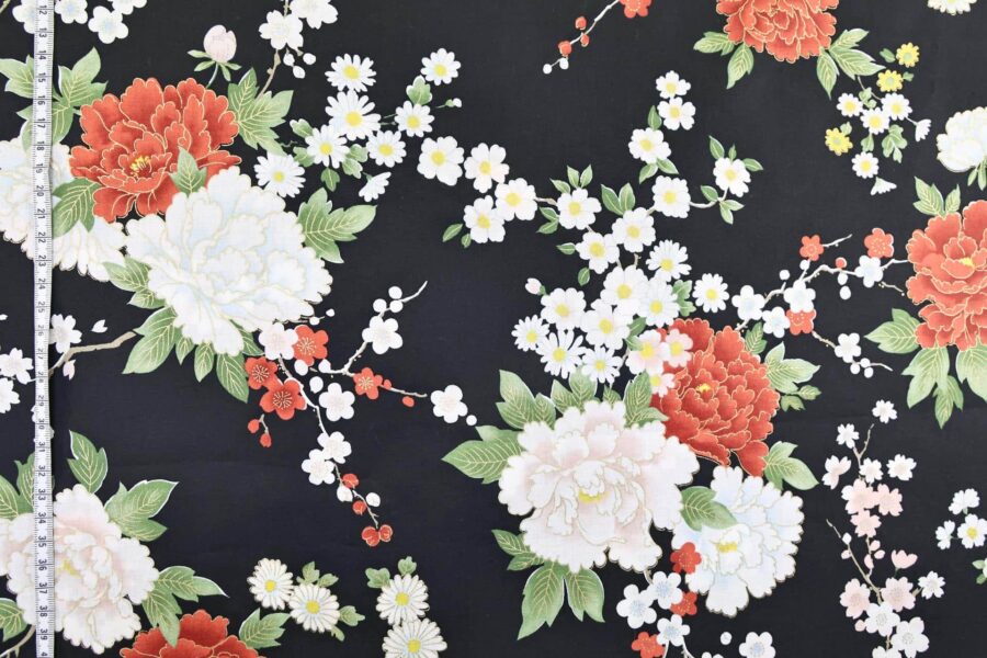 Japanese fabric bright flowers on black background 1