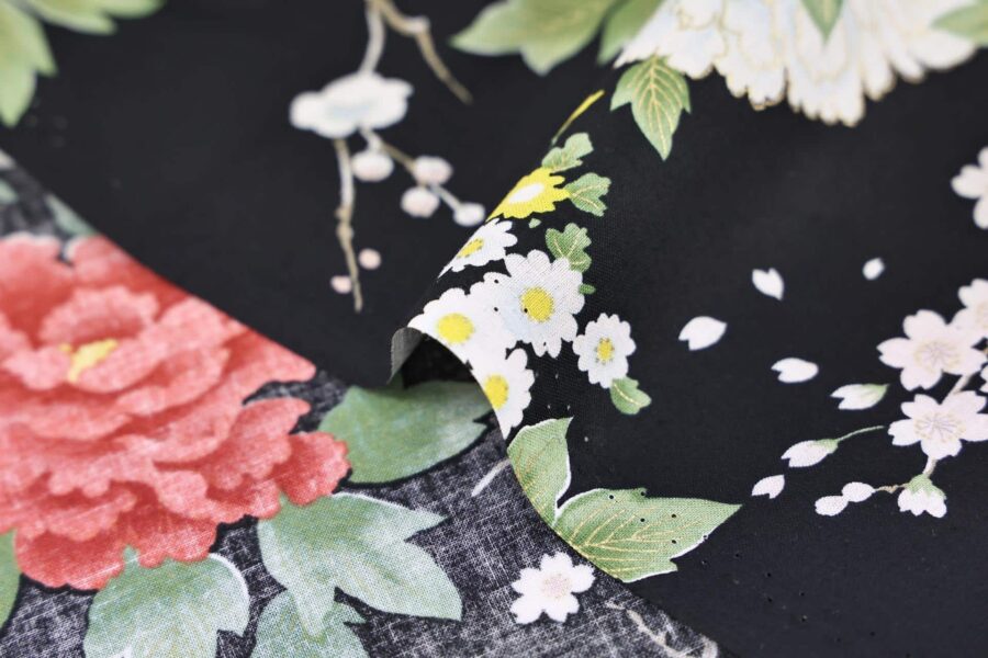 Japanese fabric bright flowers on black background 1