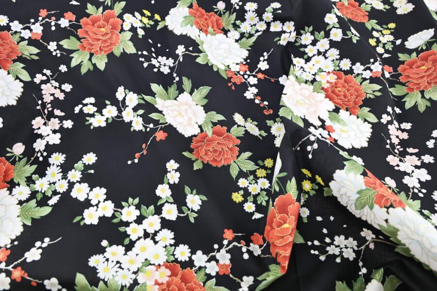 Japanese fabric bright flowers on black background 1