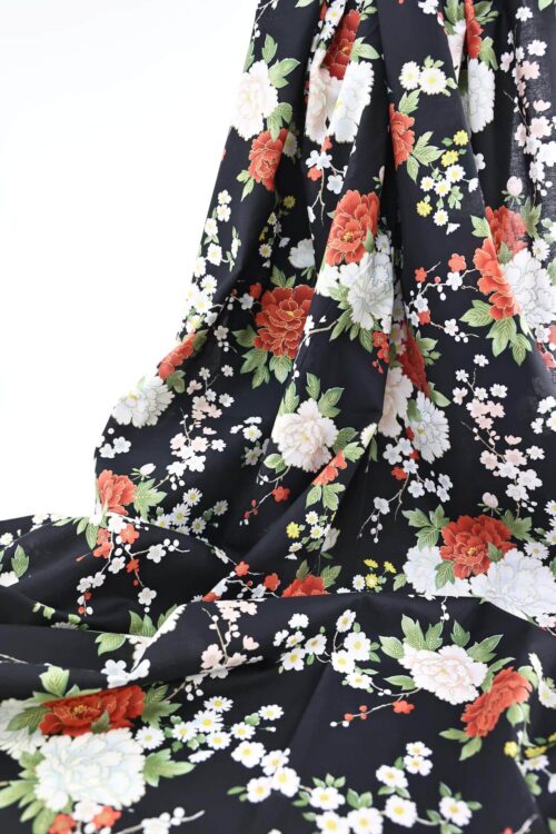 Japanese fabric bright flowers on black background