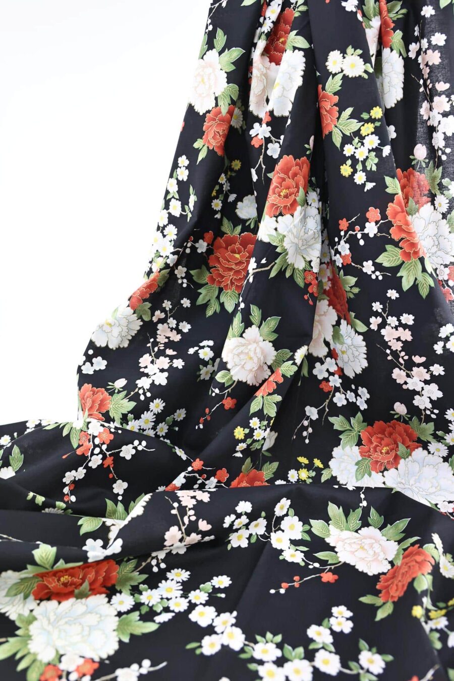 Japanese fabric bright flowers on black background