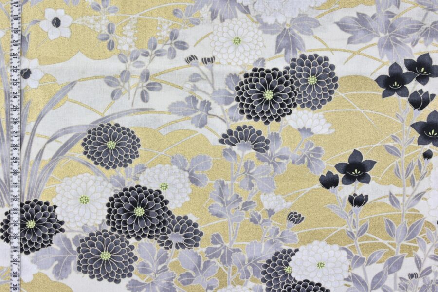 Japanese fabric – peonies and golden clouds black
