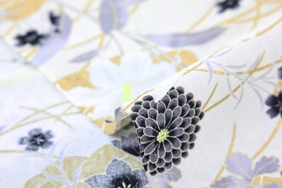 Japanese fabric – peonies and golden clouds black