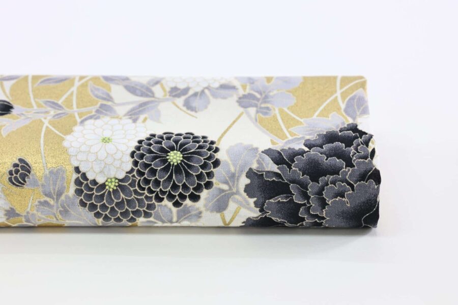 Japanese fabric – peonies and golden clouds black