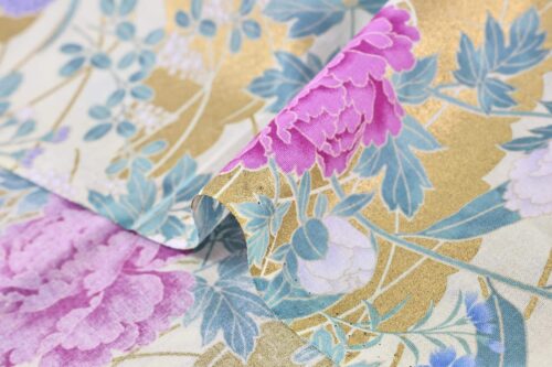 Japanese fabric – peonies and golden clouds pink